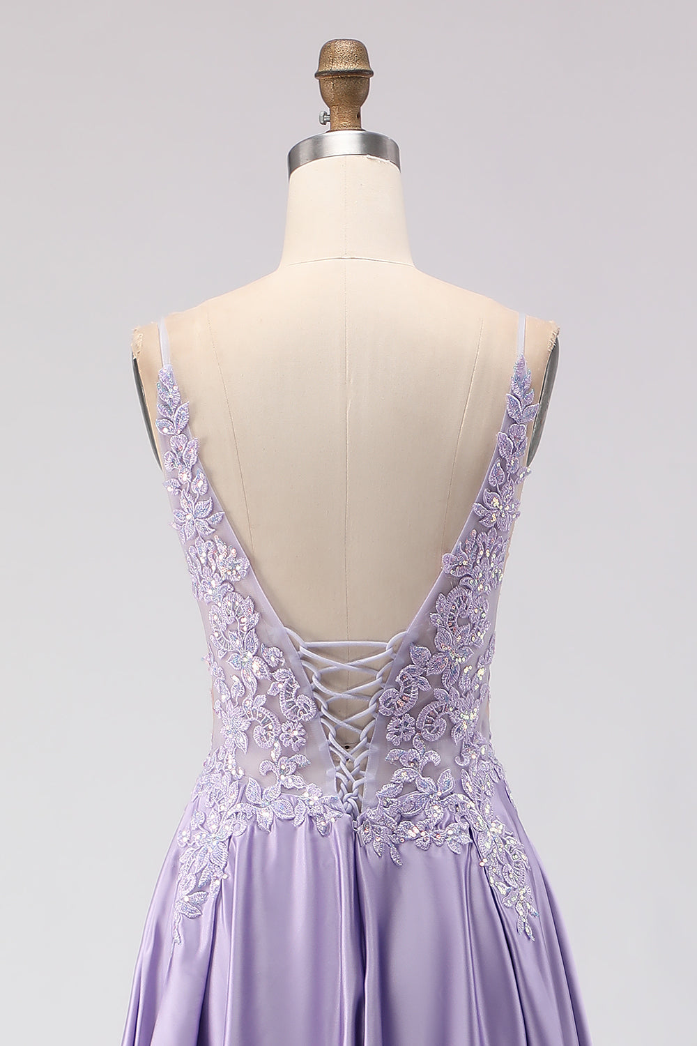 Purple A-Line Satin Appliqued Prom Dress With Slit