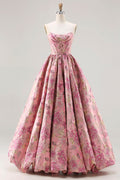Princess Pink Jacquard Strapless Corset Prom Dress With Lace Up Back