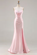 Pink Satin Mermaid Bow Corset Prom Dress With Slit