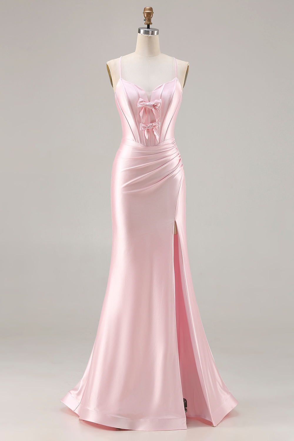 Pink Satin Mermaid Bow Corset Prom Dress With Slit