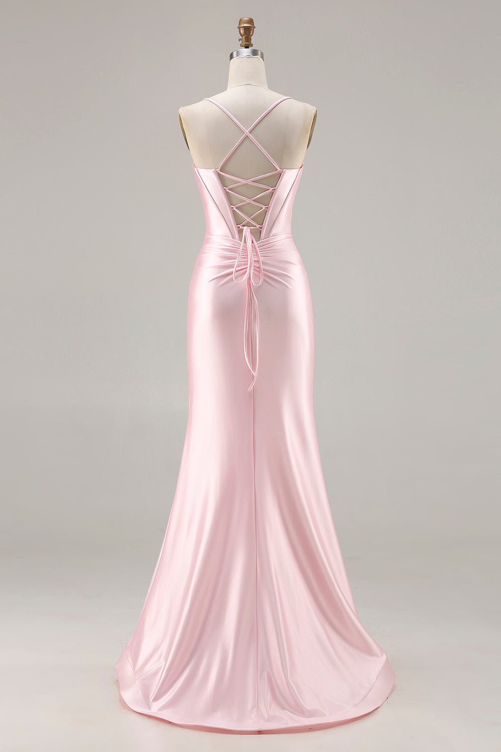 Pink Satin Mermaid Bow Corset Prom Dress With Slit