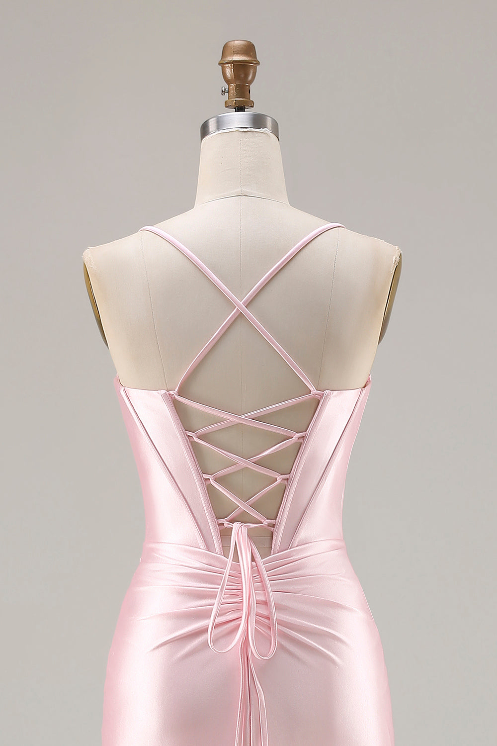 Pink Satin Mermaid Bow Corset Prom Dress With Slit