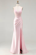 Pink Mermaid Corset Beaded Satin Prom Dress With Slit