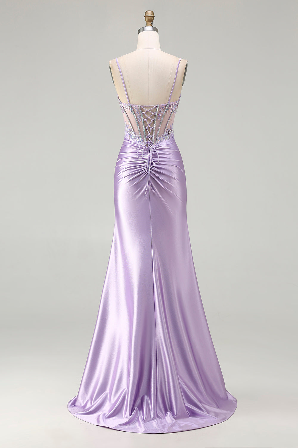 Light Purple Mermaid Corset Ruched Satin Prom Dress With Rhinestones