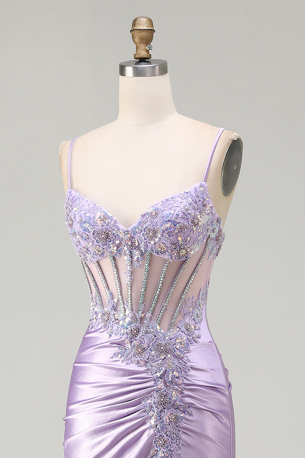 Light Purple Mermaid Corset Ruched Satin Prom Dress With Rhinestones