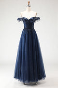 Glitter Navy A-Line Off The Shoulder Corset Prom Dress With Beading