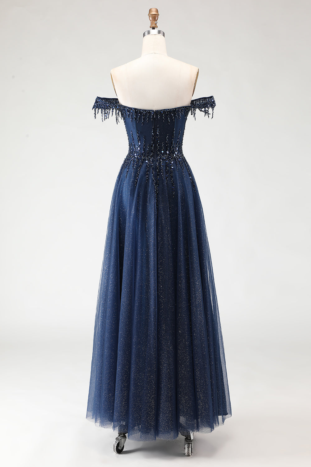 Glitter Navy A-Line Off The Shoulder Corset Prom Dress With Beading