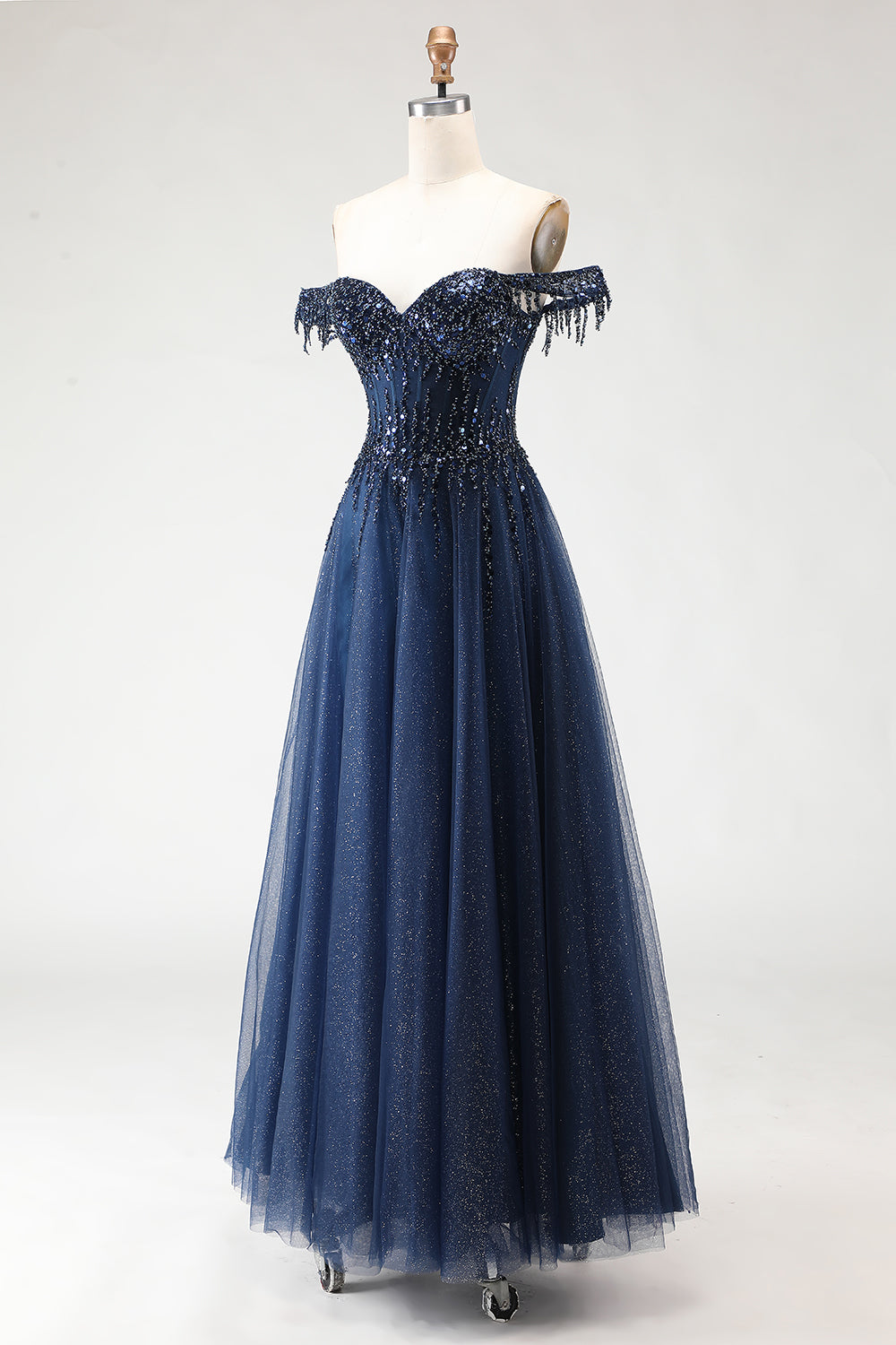 Glitter Navy A-Line Off The Shoulder Corset Prom Dress With Beading