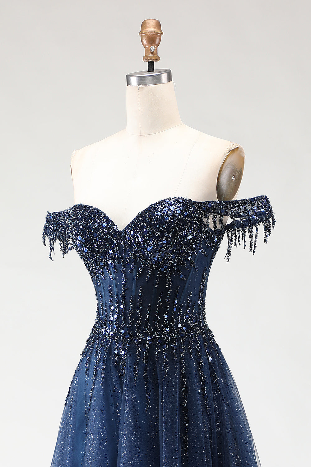 Glitter Navy A-Line Off The Shoulder Corset Prom Dress With Beading