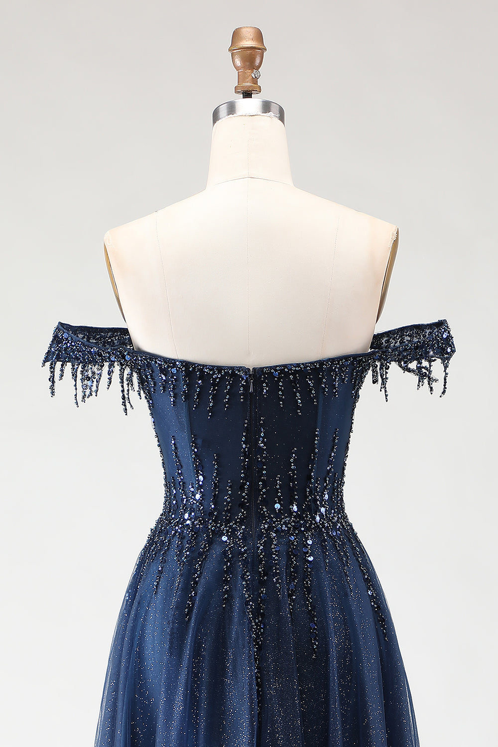 Glitter Navy A-Line Off The Shoulder Corset Prom Dress With Beading