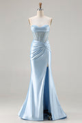 Strapless Mermaid Sky Blue Corset Prom Dress With Slit