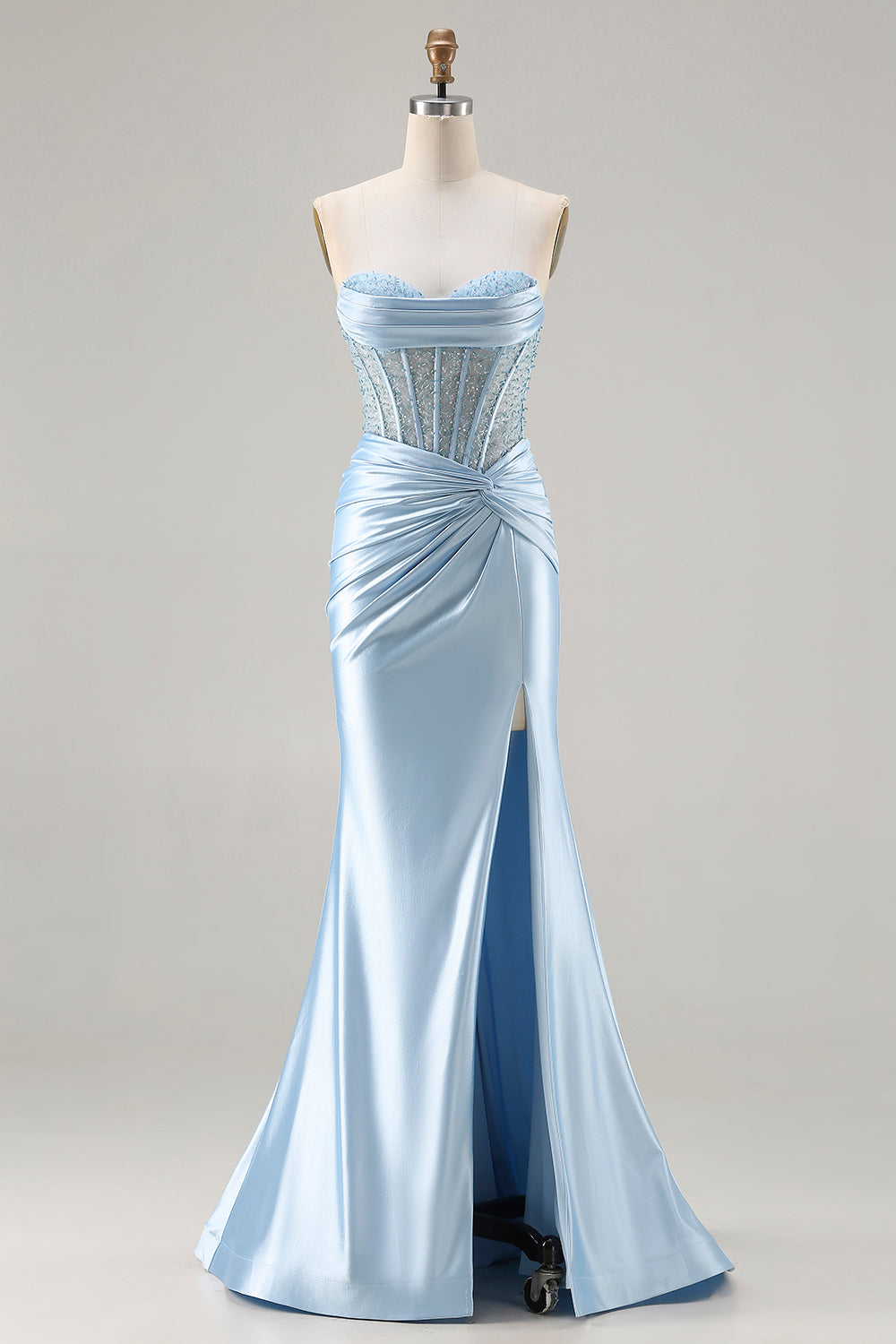 Strapless Mermaid Sky Blue Corset Prom Dress With Slit
