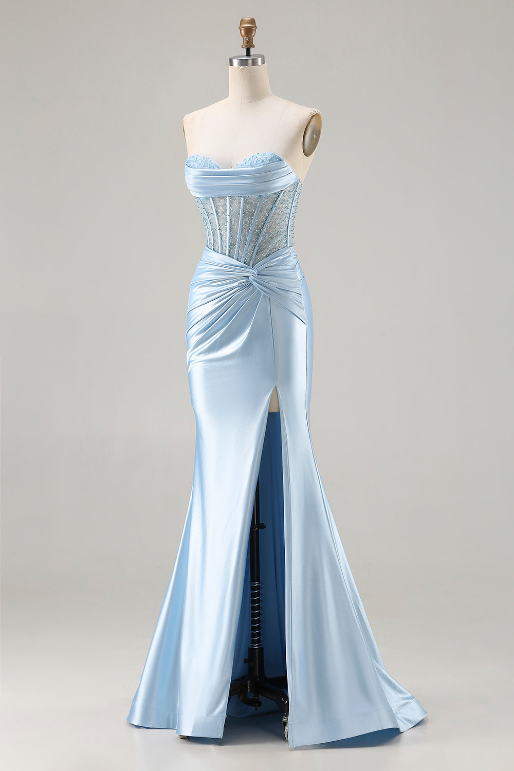 Strapless Mermaid Sky Blue Corset Prom Dress With Slit