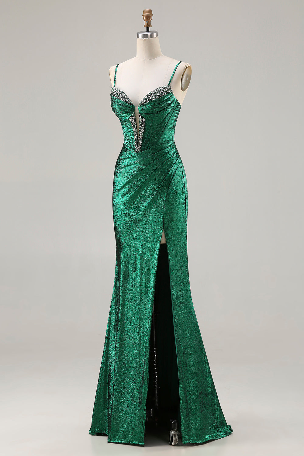 Metallic Dark Green Mermaid Beaded Corset Prom Dress With Slit