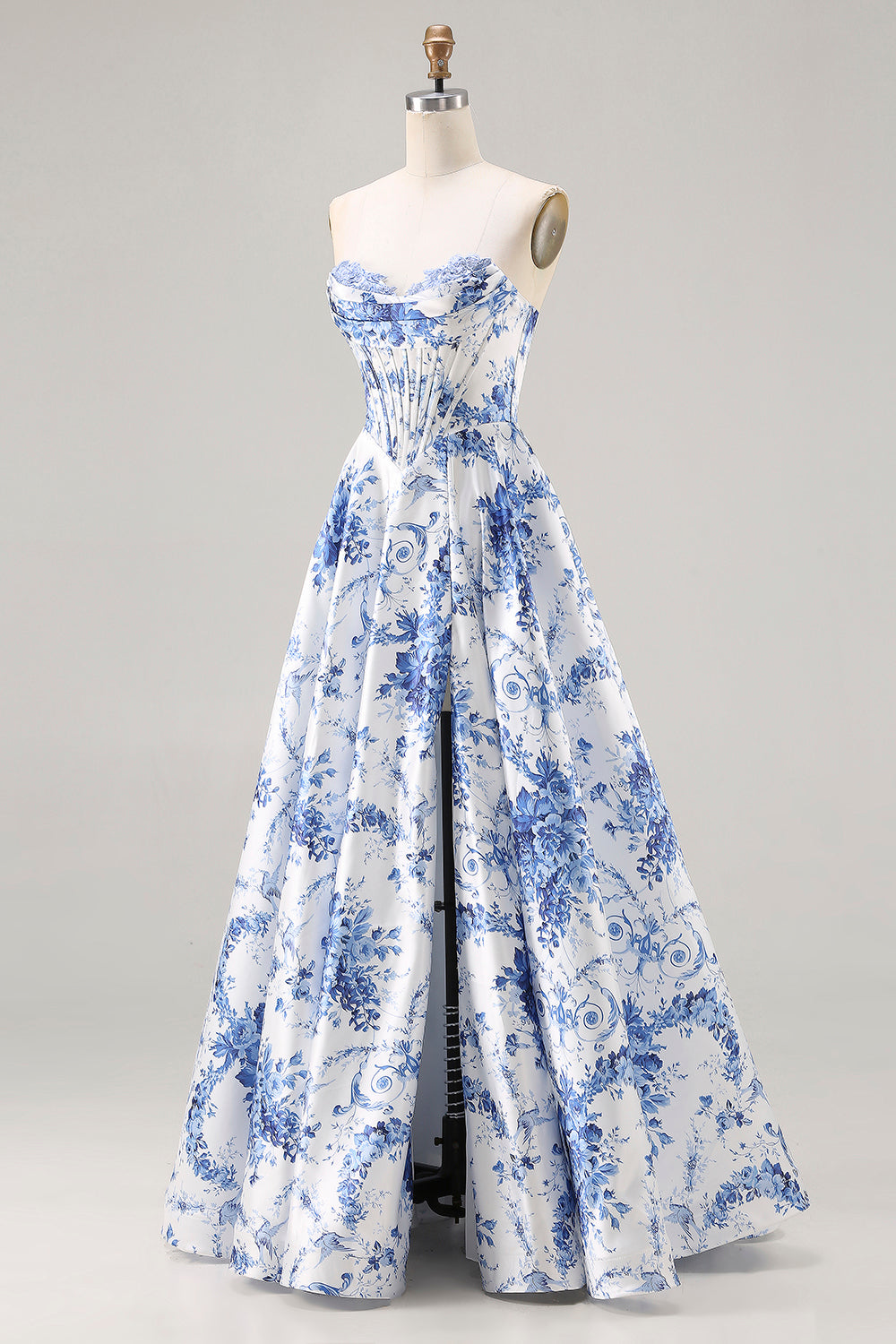 Floral Blue Strapless A-Line Corset Prom Dress With Slit