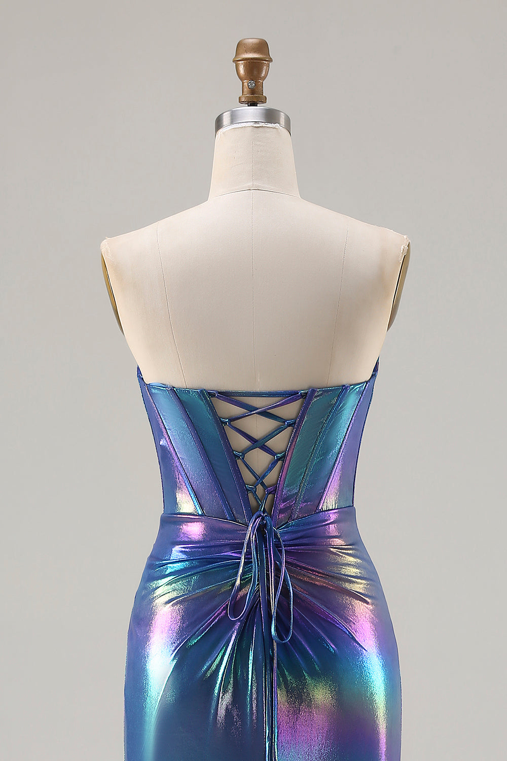 Metallic Navy Strapless Corset Mermaid Prom Dress With Slit