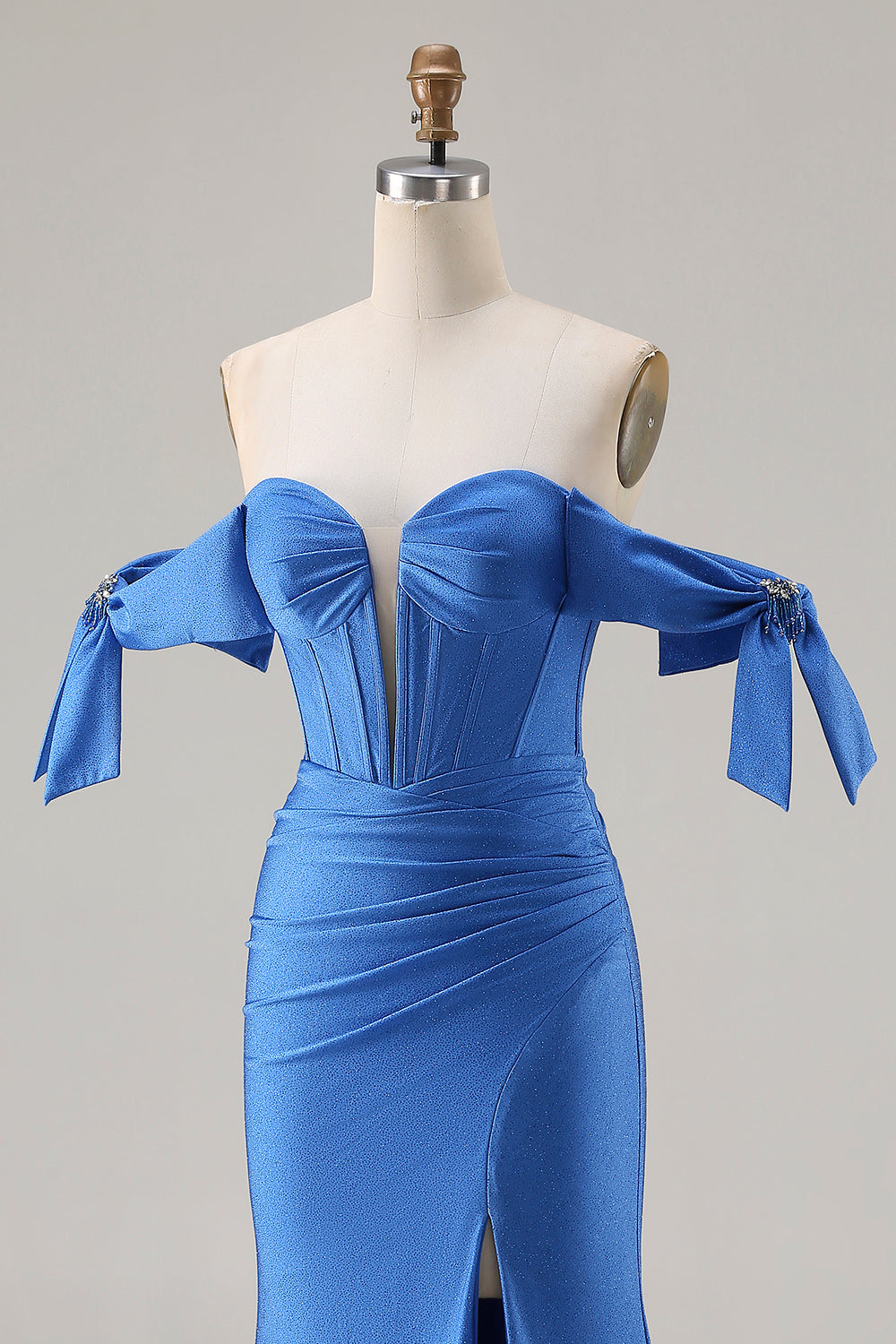 Royal Blue Off The Shoulder Mermaid Satin Prom Dress With Slit
