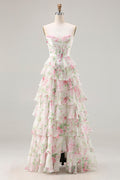 Pink Floral A-Line Corset Tiered Sweetheart Prom Dress With Slit