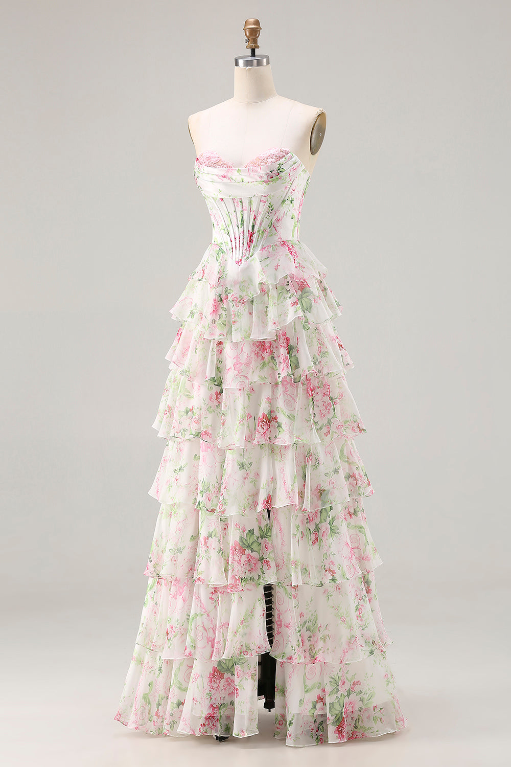 Pink Floral A-Line Corset Tiered Sweetheart Prom Dress With Slit