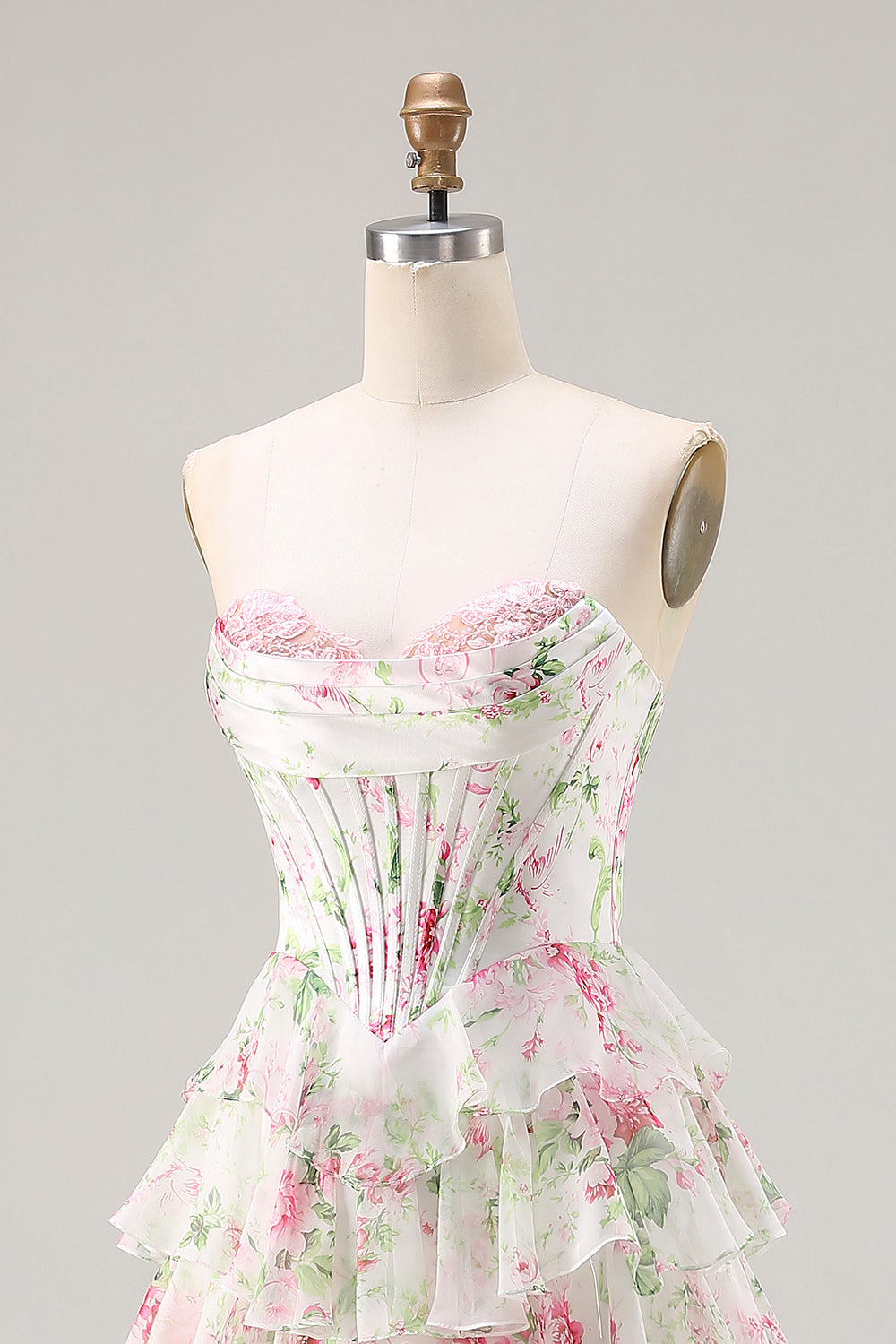 Pink Floral A-Line Corset Tiered Sweetheart Prom Dress With Slit