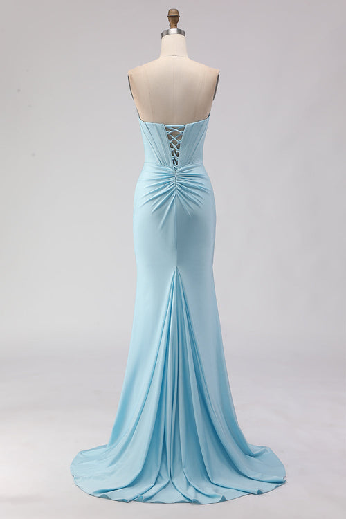 Strapless Mermaid Sky Blue Satin Corset Prom Dress With Slit