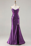 Dark Purple Beaded Corset Mermaid Strapless Prom Dress With Slit