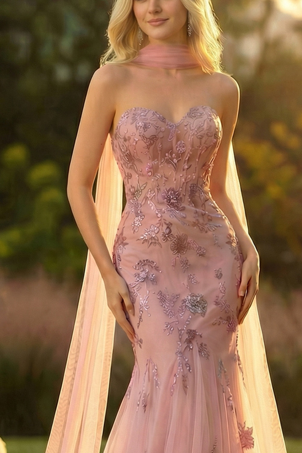Sparkly Blush Mermaid Tulle Prom Dress with Appliques