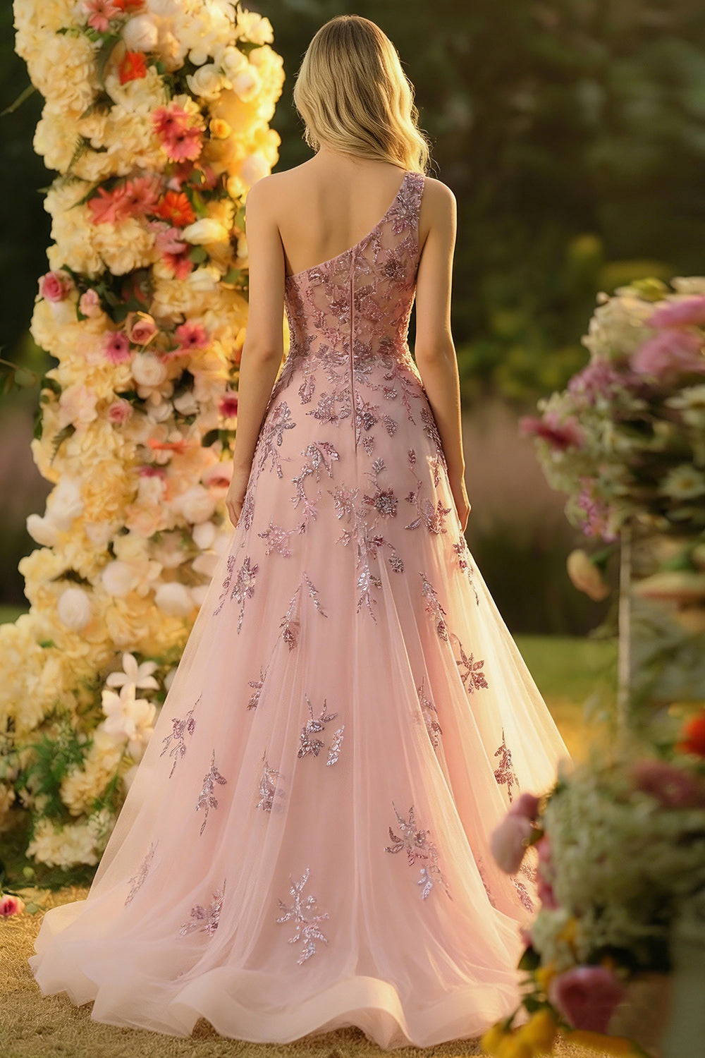 One Shoulder A Line Tulle Blush Corset Appliqued Prom Dress