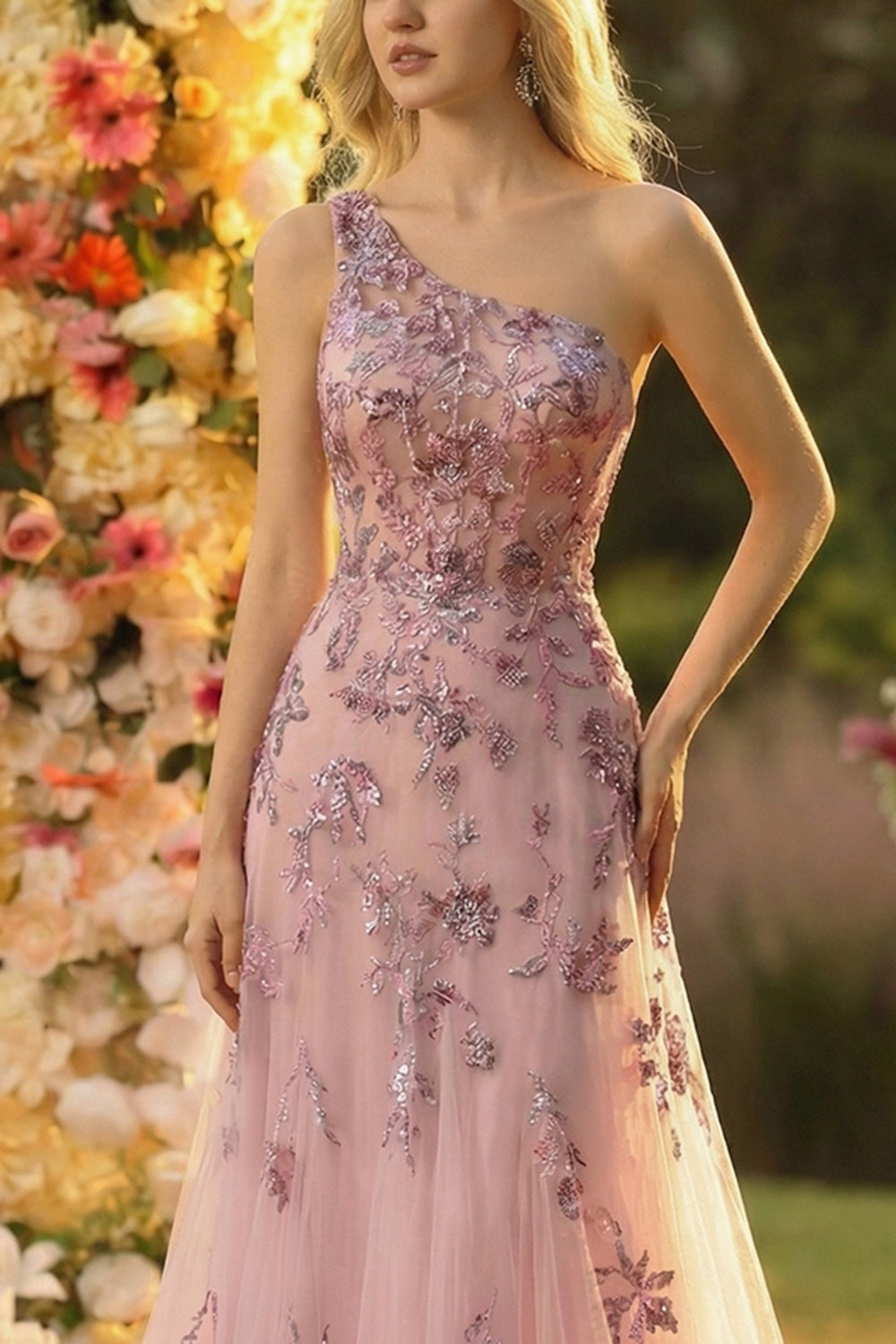 One Shoulder A Line Tulle Blush Corset Appliqued Prom Dress