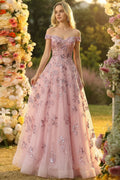 Sparkly Off the Shoulder A Line Tulle Blush Corset Prom Dress
