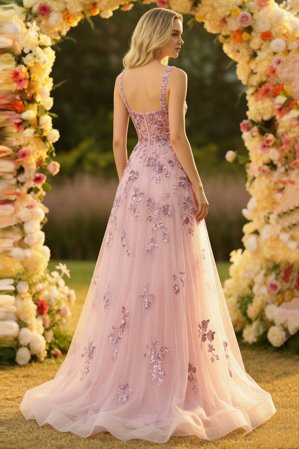Sparkly Blush Spaghetti Straps A Line Corset Prom Dress