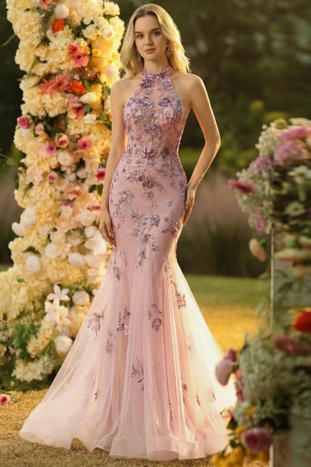 Halter Blush Mermaid Corset Appliqued Prom Dress