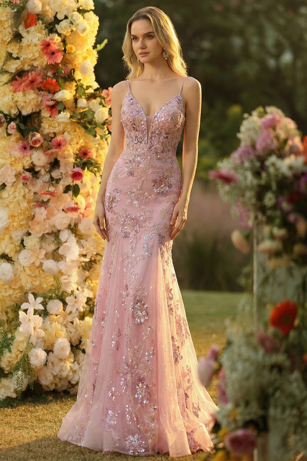Sparkly Spaghetti Straps Mermaid Blush Prom Dress