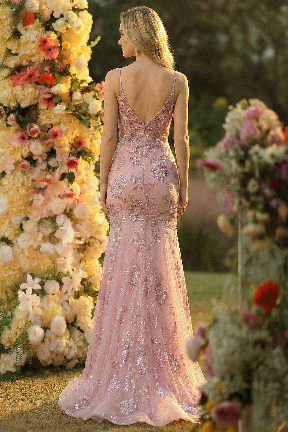 Sparkly Spaghetti Straps Mermaid Blush Prom Dress