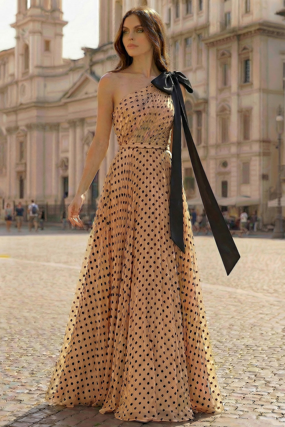 One Shoulder A Line Apricot Black Polka Dot Bowed Prom Dress