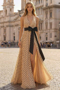 Halter A Line Apricot Black Polka Dot Bowed Prom Dress