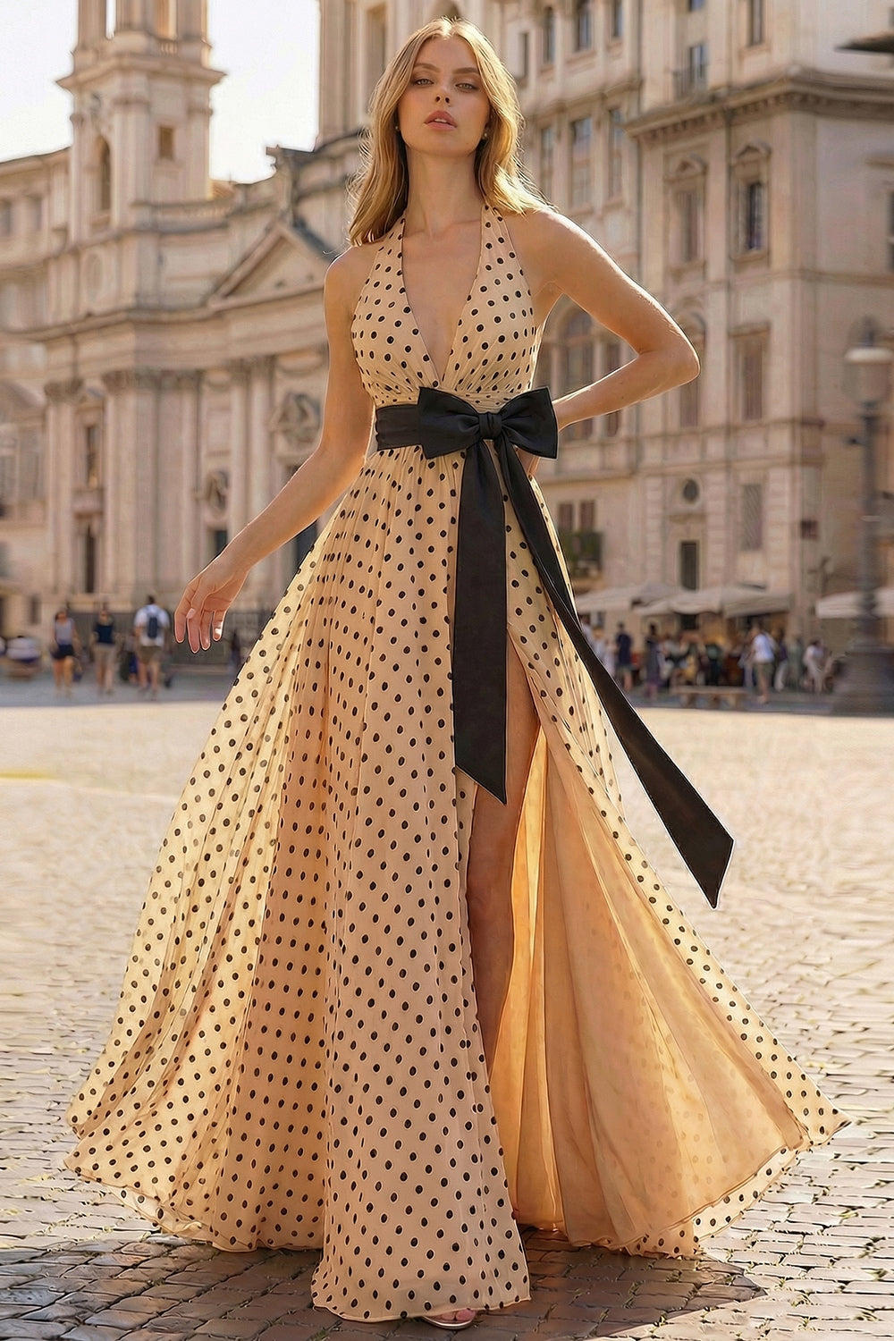 Halter A Line Apricot Black Polka Dot Bowed Prom Dress