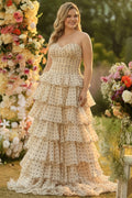 Apricot Black Polka Dot Plus Size Strapless Tiered Prom Dress
