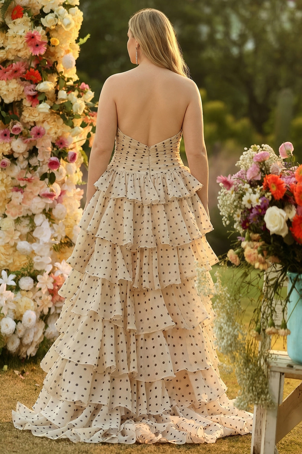 Apricot Black Polka Dot Plus Size Strapless Tiered Prom Dress