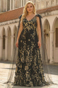 Black Golden Plus Size V Neck Maxi Prom Dress