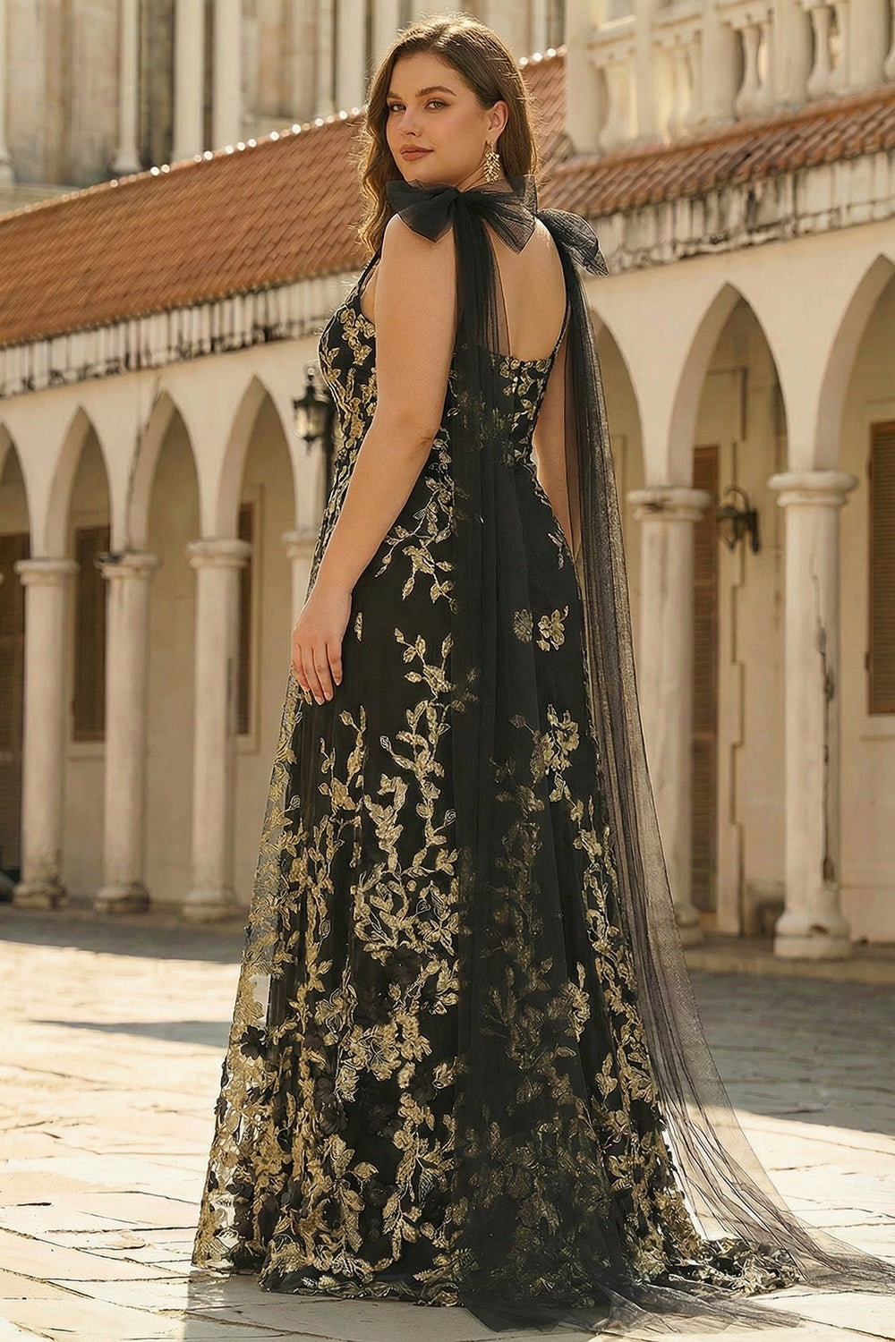 Black Golden Plus Size V Neck Maxi Prom Dress