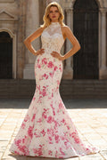 Halter Basque Waist Mermaid White Fuchsia Floral Prom Dress