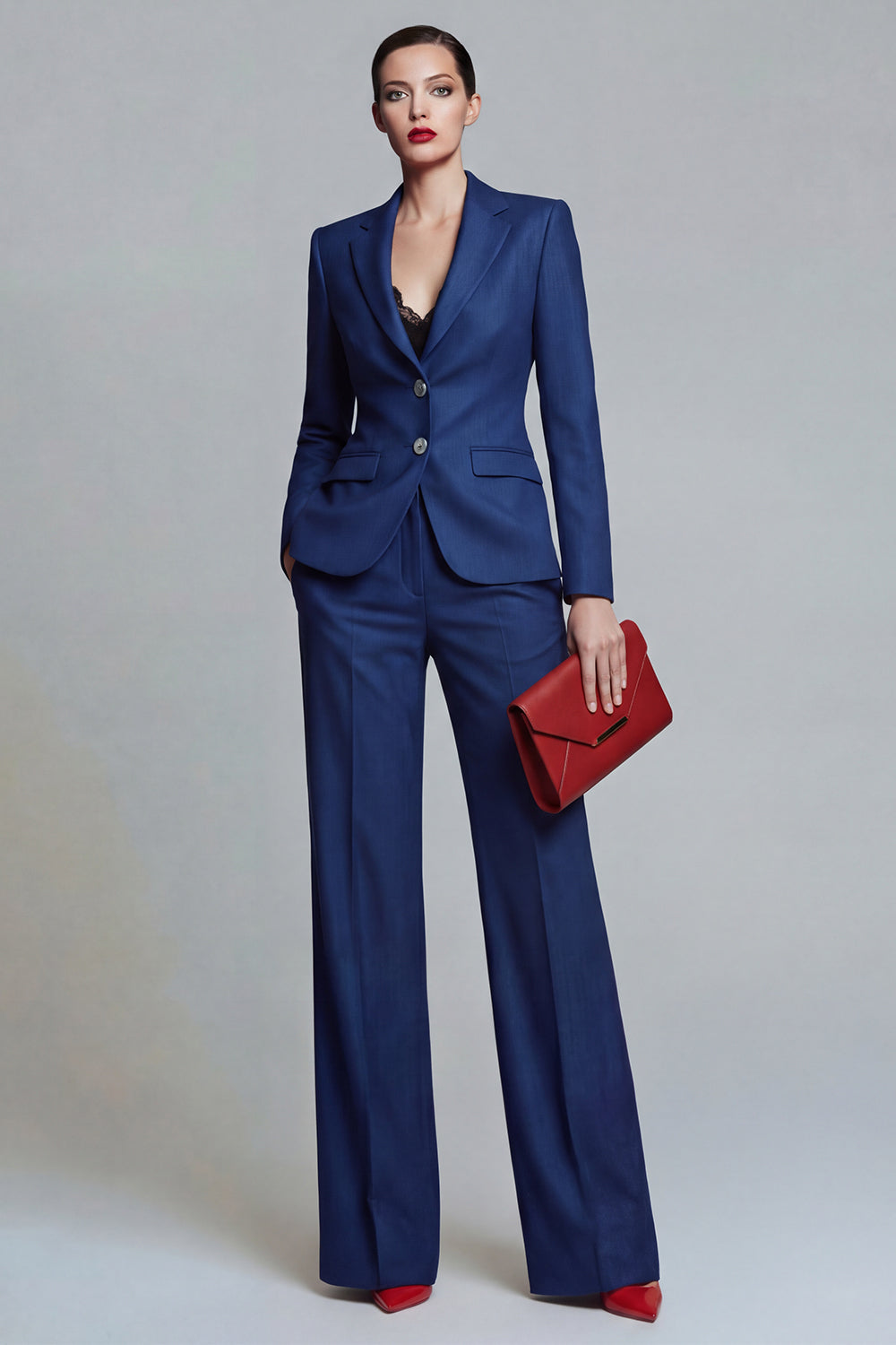 Notched Lapel 2 Piece Slim Fit Dark Blue Women Suits