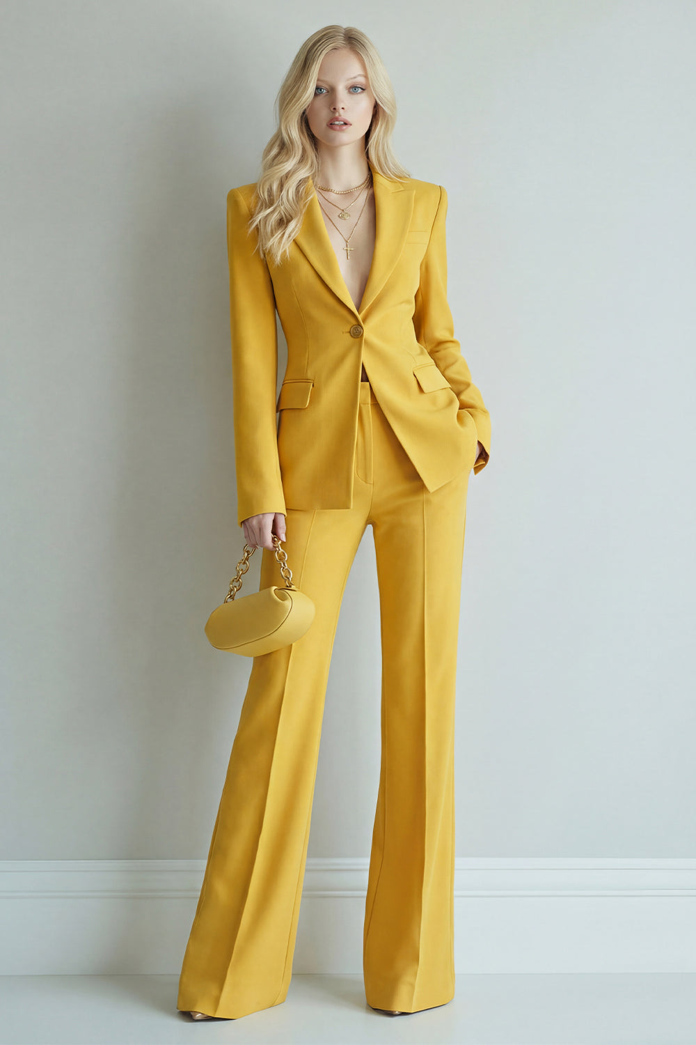 Yellow Peaked Lapel Single Buckle 2 Piece Slim Fit Women Suits