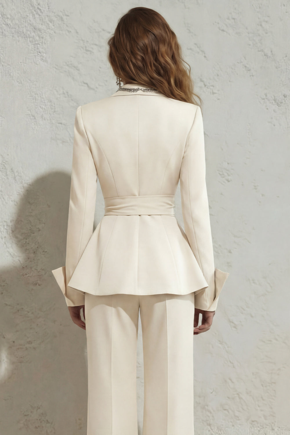 Peaked Lapel 2 Piece Ivory Ruffled Women Suits with Sash