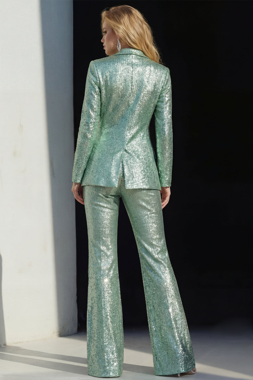Sparkly Peaked Lapel 2 Piece Green Women Prom Suits