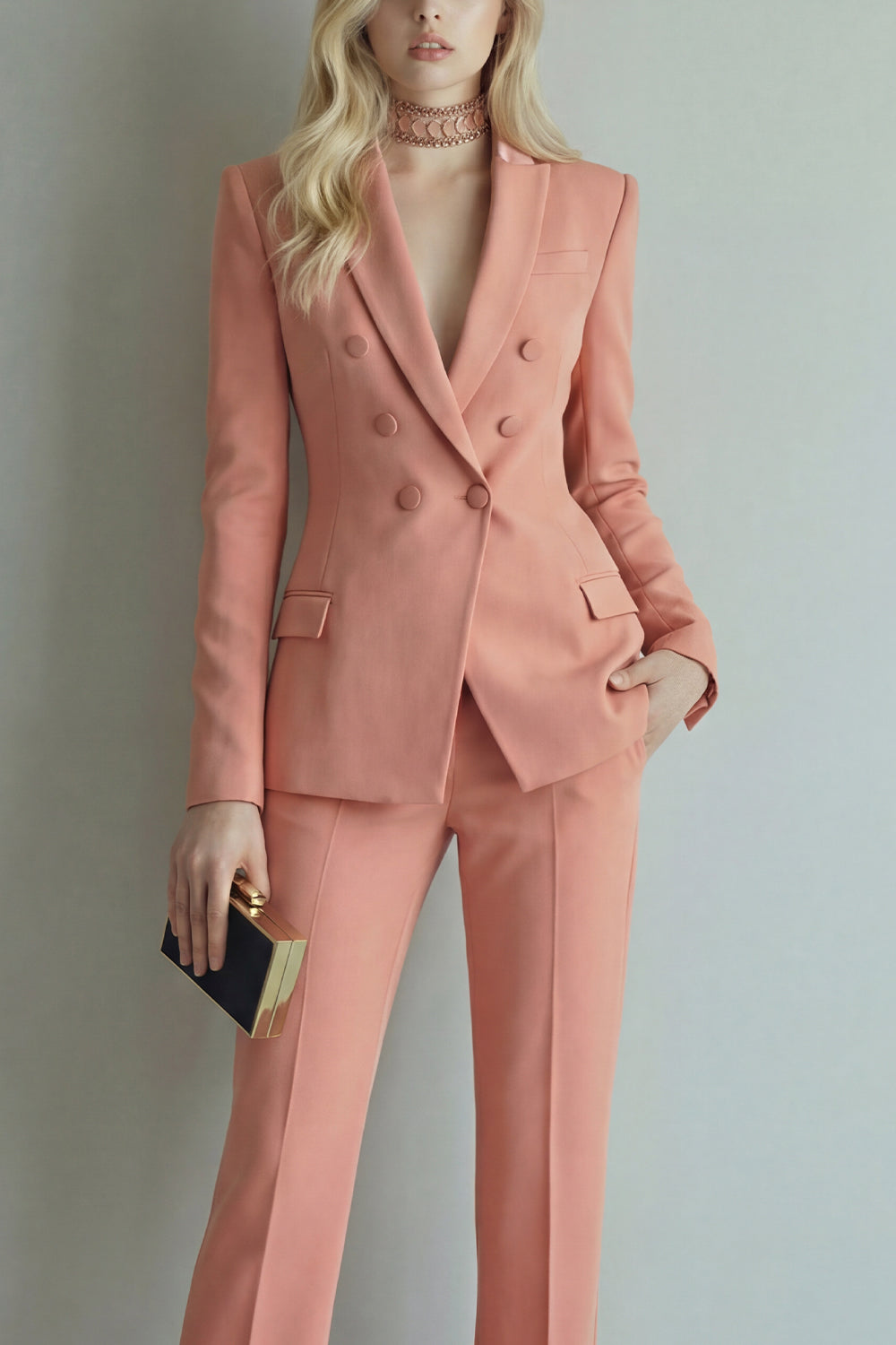 Peaked Lapel 2 Piece Slim Fit Orange Women Suits