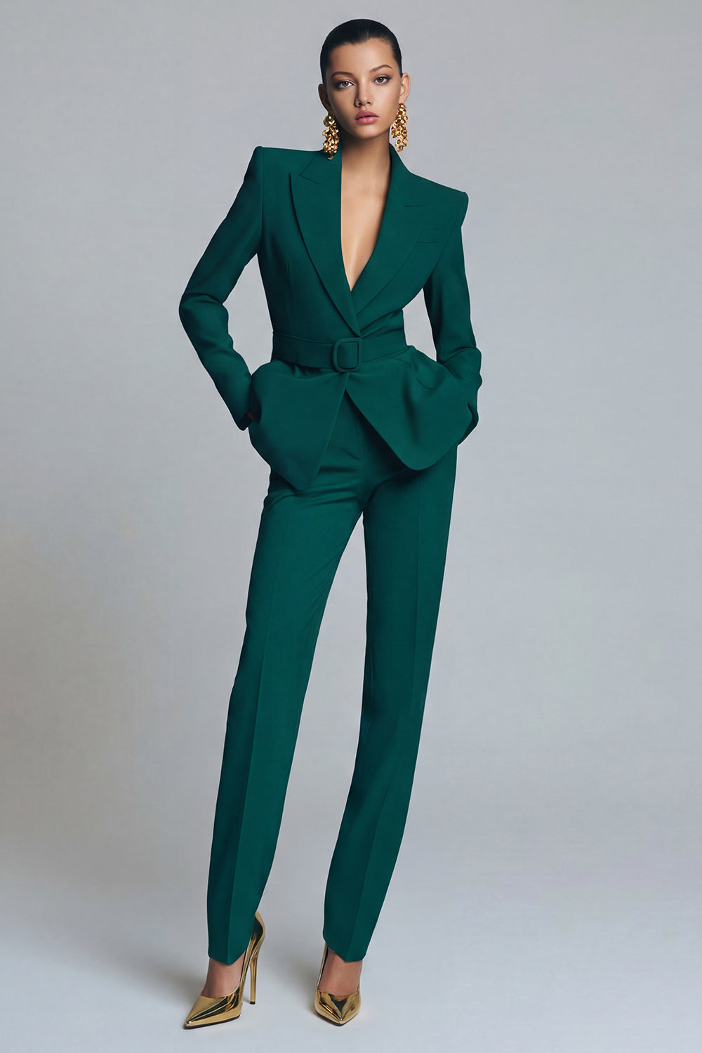 Dark Green Peaked Lapel 2 Piece Women Suits with Belt