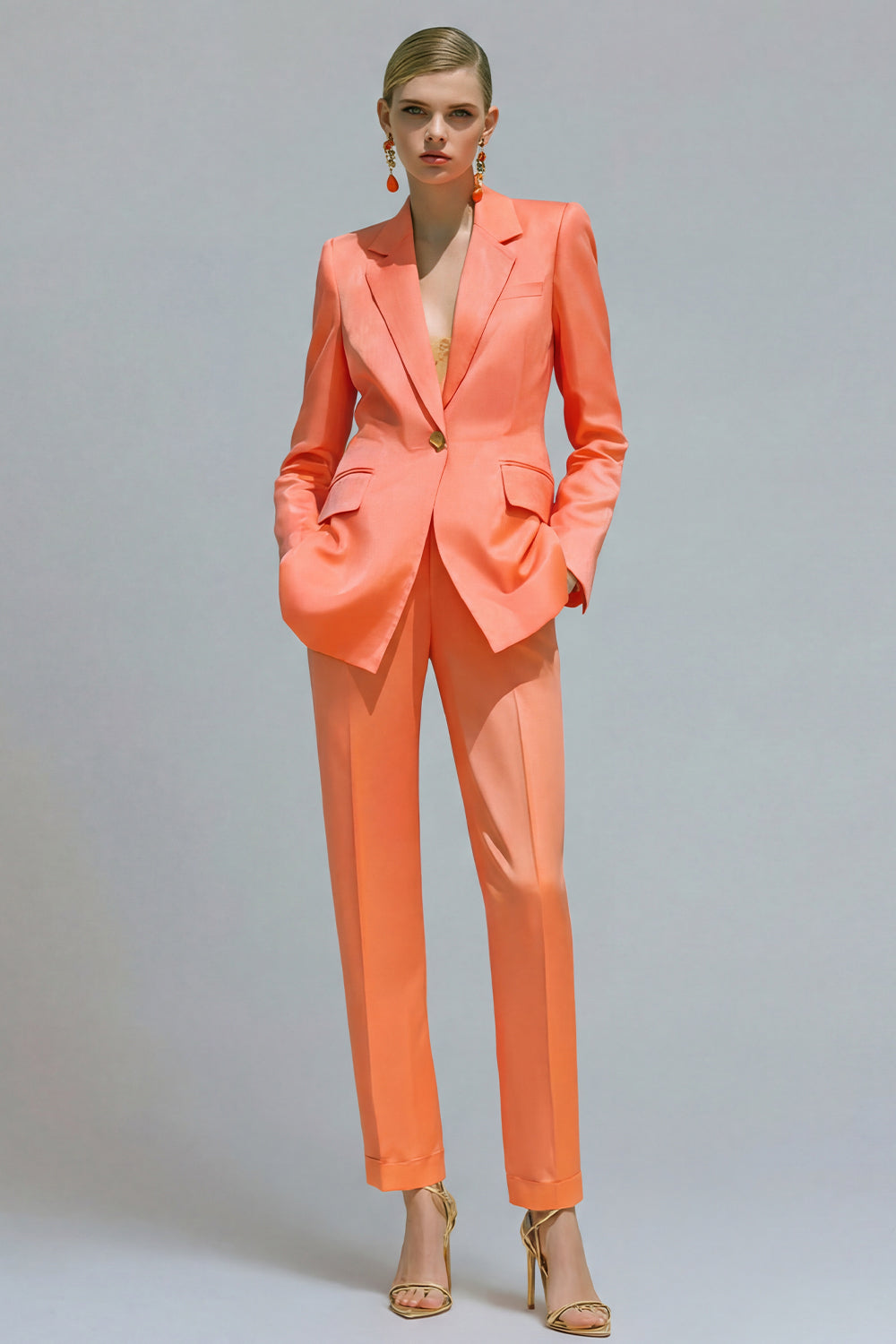 Orange 2 Piece Notched Lapel Single Buckle Women Suits