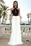 Black and White Ruched Halter Long Formal Dress
